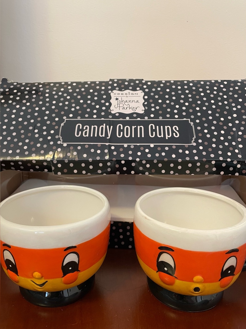 NIB JOHANNA PARKER SET OF 2 CANDY CORN MUGS Cups Halloween Holiday Tea Coffee